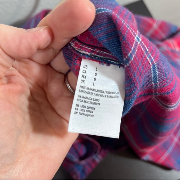 American Eagle Boyfriend Fit Red Blue Plaid Flannel Shirt Cotton Button Down L - Picture 3 of 9